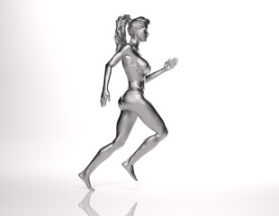3D Rendering :  a running female character withsilver skin texture with white background