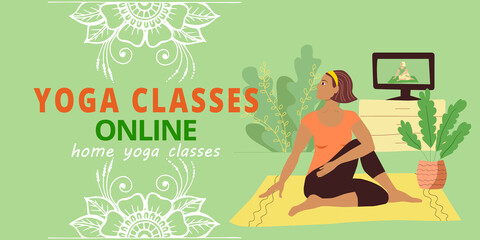 Banner for web page template. Meditation and yoga classes online advertising. A girl in a tracksuit sits on the floor in the home interior doing asana. Stock vector flat illustration.