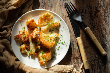 Cauliflower fried breaded with dill on a white plate