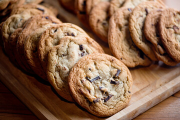 Chocolate chip cookies. Homemade, traditional classic american dessert favorite. Chocolate chip cookies. Bakery or pastry shop favorite. Made with sugar, butter and chocolate. 
