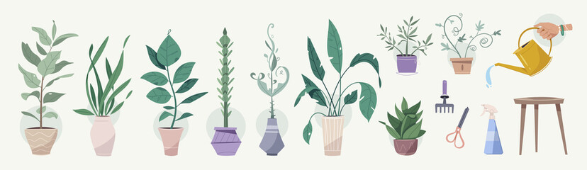 Green plants in pots, gardening tools set isolated objects
