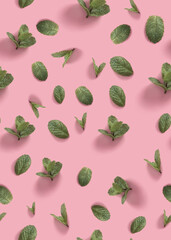 Seamless pattern of mint leaves on a pink background