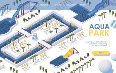 Landing page isometric water park, hotel outdoor scene with set of colorful slides with pools. Palms, sunbeds and no people
