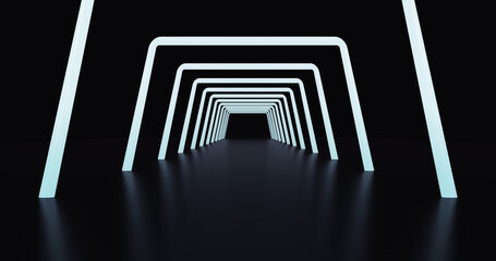 Abstract background, tunnel of glowing arcs. 3D render.