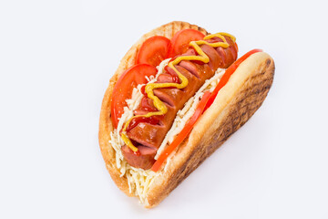 Hot dog with fried bun and sausage not white background