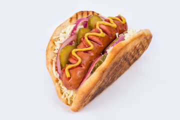 Hot dog with fried bun and sausage not white background