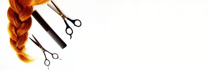Long hair braided with a hairdresser scissors and a comb. Beauty industry concept for banner with place for inscription, background