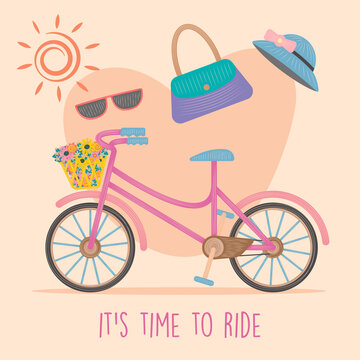 vintage beautiful bicycle cute bike with hat sunglass bag in flat color style vector