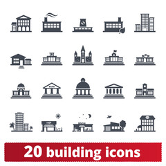 Building vector icon set. Public, government, education, commercial real estate and personal houses. Interface pictogram of places for map, web app, mobile services. Isolated on white background.