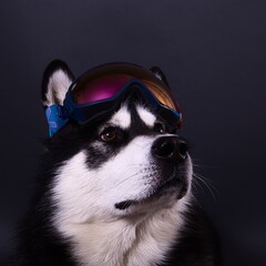Alaskan Malamute in snowboarder mask