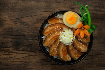 Chashu Don Rice with boiled Pork in brown sauce recipe served Egg