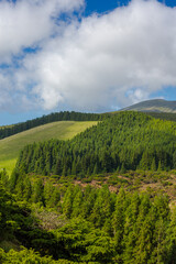 Hills over fields. Terceira island in Azores with blue sky and clouds.
