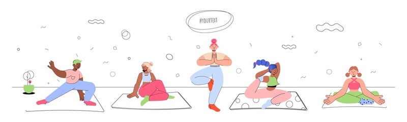 Beautiful young people doing yoga and fitness at home. Stay home illustration in cartoon style. The concept of a healthy lifestyle and sport. Fears of getting coronavirus.