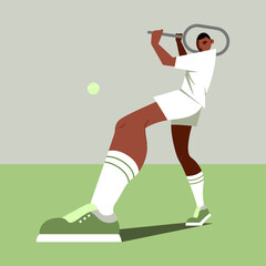 A handsome young tennis player kicks the ball. Dark-skinned athlete in a flat cartoon style. Illustration in gentle colors for a poster, poster.