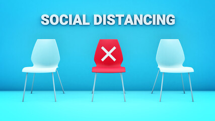 Social distancing concept with three chairs in a blue room and the middle one is red with a cross. 3D rendering