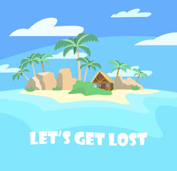 Fototapeta na wymiar Vector illustration of lost island with wooden hut, rocks and palms. Island in the ocean. Summer postcard.
