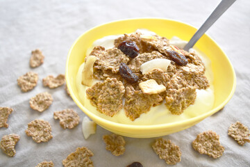 Greek yogurt with fruit and fiber cereal on a bowl. The concept of healthy breakfast, healthy food, dietary plan and weight loss program.  Selective focus.  Copy space is on the left side.
