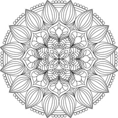 Circle mandala coloring page for adult. Black and white mandala poster. Relax and meditation. Beautiful nature ornament. 