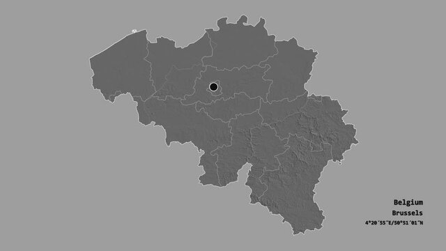 Brabant Wallon, province of Belgium, with its capital, localized, outlined and zoomed with informative overlays on a bilevel map in the Stereographic projection. Animation 3D