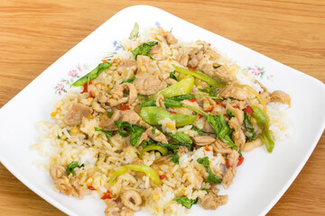 Thai spicy food basil chicken fried rice recipe (Krapao Gai)