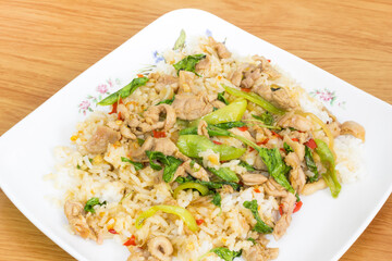 Thai spicy food basil chicken fried rice recipe (Krapao Gai)