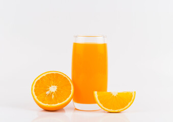Orange juice and slices of orange on white background