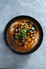 plant-based food, vegan mash potato and gravy with beans and veggie sausage