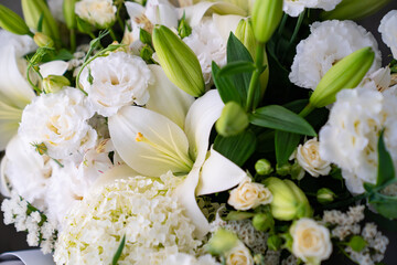top view of bouquets of white fresh flowers. gift for holiday or anniversary.