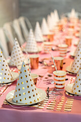table decoration for children holiday caps and cups. birthday of little girl.