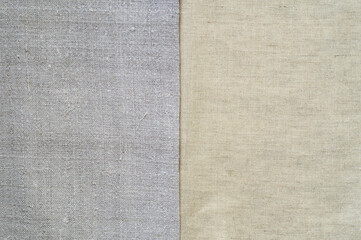 Texture of old and modern linen fabric. Homespun and factory textiles