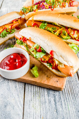 Homemade hot dogs with sauces