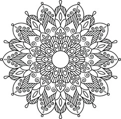 Mandala round floral ornament pattern. Anti-stress coloring page for kids and adults. Yoga, tatoo, mehndi, lace design. Vector illustration.