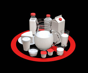 dairy products standing over a stop sign. lactose intolerance. 3d rendering