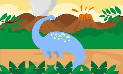 The landscape of ancient animals and prehistoric nature - volcano, lava, smoky, green grass, rock cliffs, rivers, barren lands. prehistoric illustration / prehistoric forest © Griyolabs