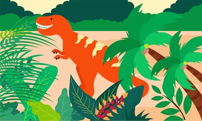 The landscape of ancient animals and prehistoric nature - volcano, lava, smoky, green grass, rock cliffs, rivers, barren lands. prehistoric illustration / prehistoric forest © Griyolabs