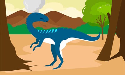 The landscape of ancient animals and prehistoric nature - volcano, lava, smoky, green grass, rock cliffs, rivers, barren lands. prehistoric illustration / prehistoric forest