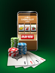 big win illustration Online Jackpot casino Slot machine banner in mobile phone. Chips, playing card, dice. Marketing Luxury Banner Jackpot Online Casino game Slot-machine in Smartphone play now poster