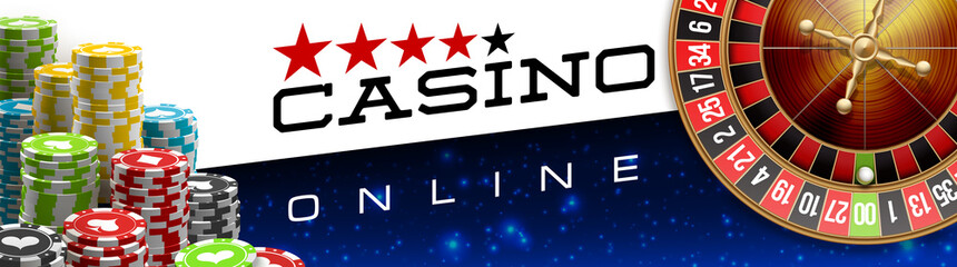 illustration Online Poker night casino banner with realistic american roulette on blue space. Marketing Luxury blue Banner Jackpot Online night Casino with 3d classic roulette. Advertising poster set.