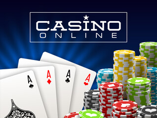 illustration Online web casino banner with american Poker playing cards on blue background. Marketing Luxury blue space Banner Poker playing cards. Advertising poster set Online web Casino Jackpot