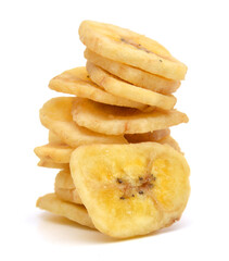 Banana chips on white background