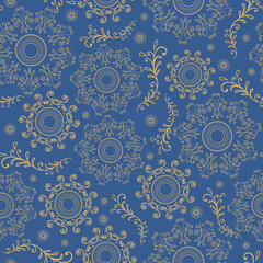 Vector Art Deco blue floral symbols seamless repeat pattern.