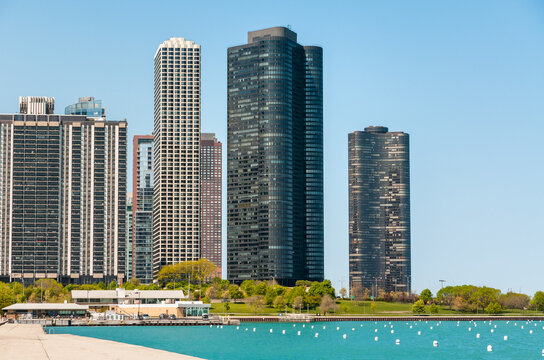 View of skyscrapers on the shore of Lake Michigan in Chicago Downtown, Illinois, USA