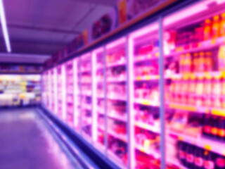 Abstract blurred supermarket store and refrigerators in department store. Interior shopping mall defocused background. Business food. Bokeh light background. Blur supermarket. Drink zone concept