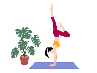 Beautiful simple flat vector of a young slim woman exercising yoga. Handstand pose.