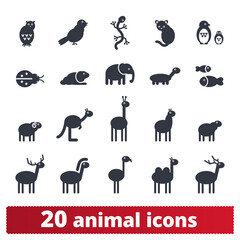 Obraz premium Animal icons. Cartoon zoo illustration collection. Vector set of simple silhouettes of wildlife animas, birds, insects, birds and domestic pets. Isolated on white background.
