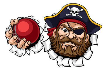 A pirate cricket sports mascot cartoon character holding a ball