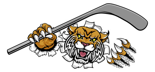 A wildcat ice hockey player animal sports mascot holding a hockey stick