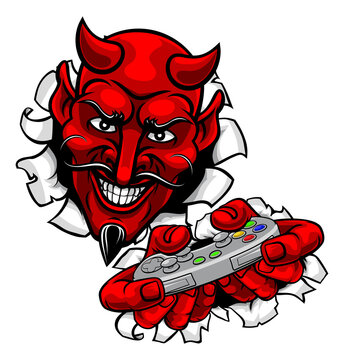 A devil or satan gamer mascot holding video game controller playing games cartoon character