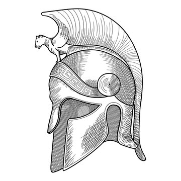Helmet of the ancient Greek warrior hoplite with a national meander ornament. Simple hand sketch isolated on white background.
