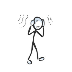 Annoyed by loud sound noise. Cover ears. Vector simple headache. Stickman no face clipart cartoon. Hand drawn. Doodle sketch, graphic illustration